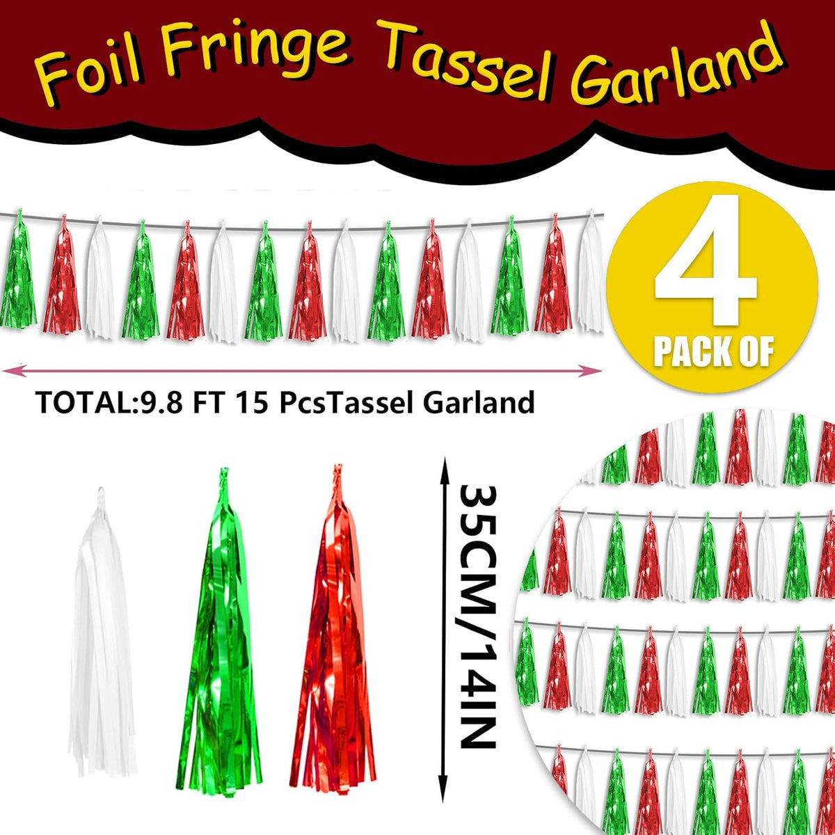 4P Red Green White Foil Fringe Metallic Tassel Streamers Banner Tassel Garland for Parade Floats
