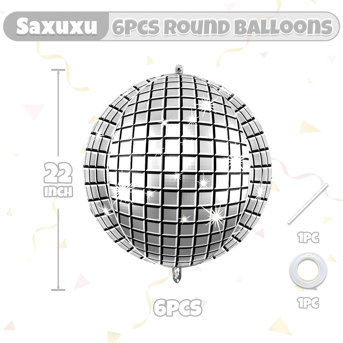 6Pcs Giant 4D Disco Ball Balloons, Sparkle Silver Disco Party Decorations, 22 Inch Round Foil
