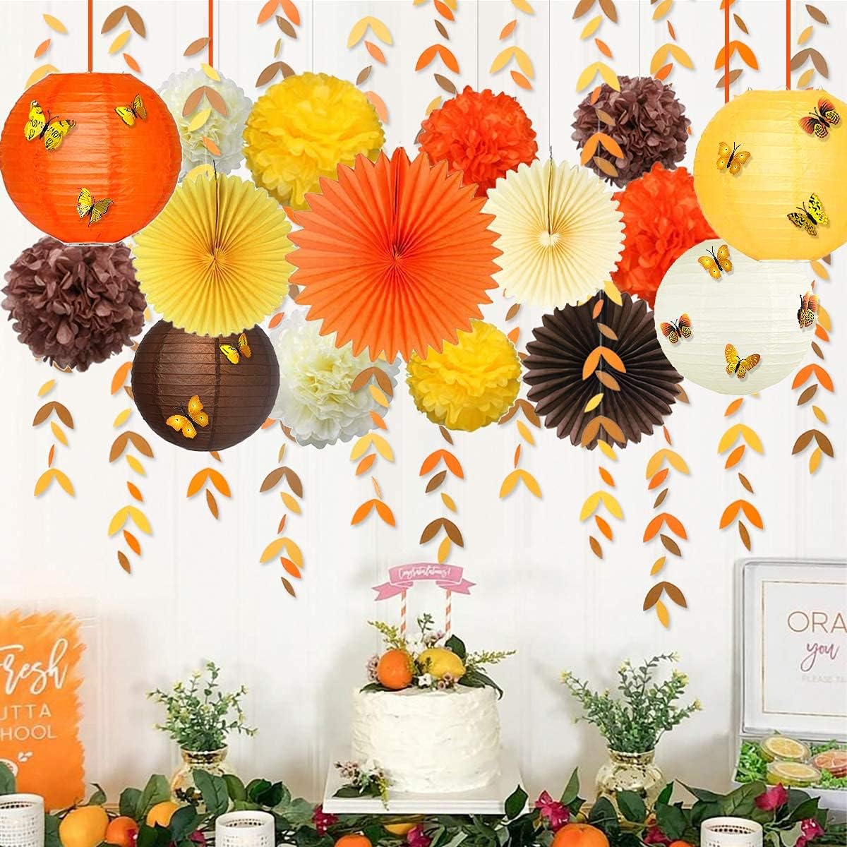 Fall Party Decorations Kit Yellow Orange Brown Paper Hanging Fans Lantern Flowers Pom Pom with 3D
