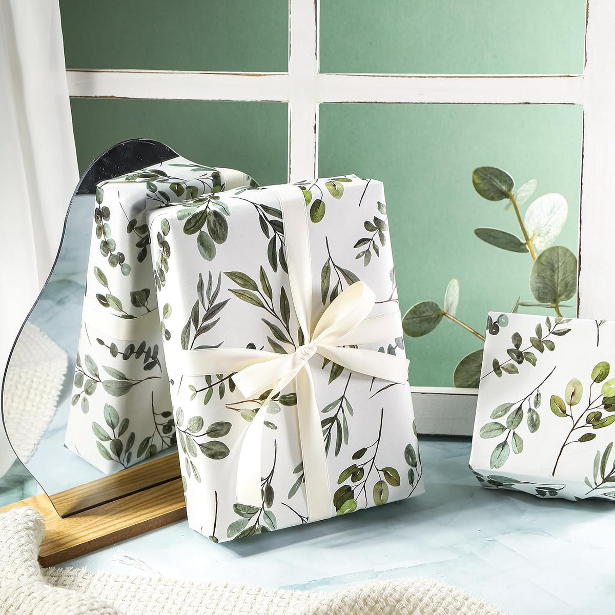 WRAPAHOLIC Kraft Wrapping Paper - Mini Roll - 17 Inch x 16.5 Feet - Eucalyptus Leaves Wrapping