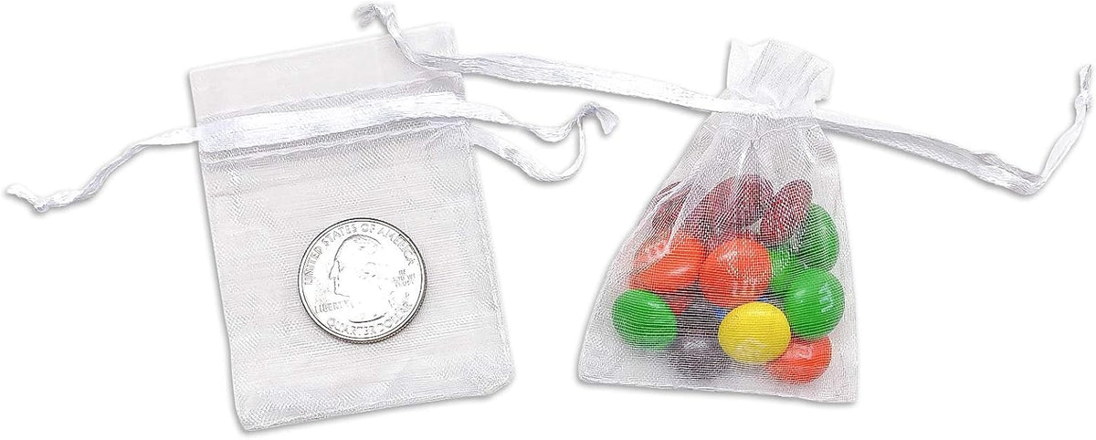 TheDisplayGuys 100-Pack XS 2 x 2 3/4" White Sheer Organza Gift Bags with Drawstring, Jewelry Candy