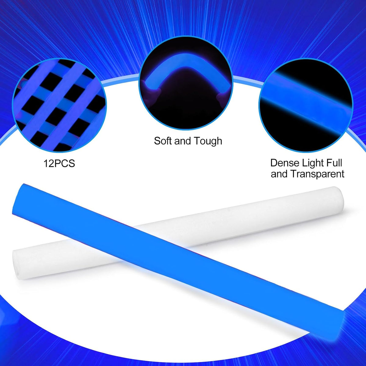 Glow Foam Sticks Bulk, 24 Pcs Blue Giant LED Light Up Sticks 3 Modes Flashing Glowing Baton Wands