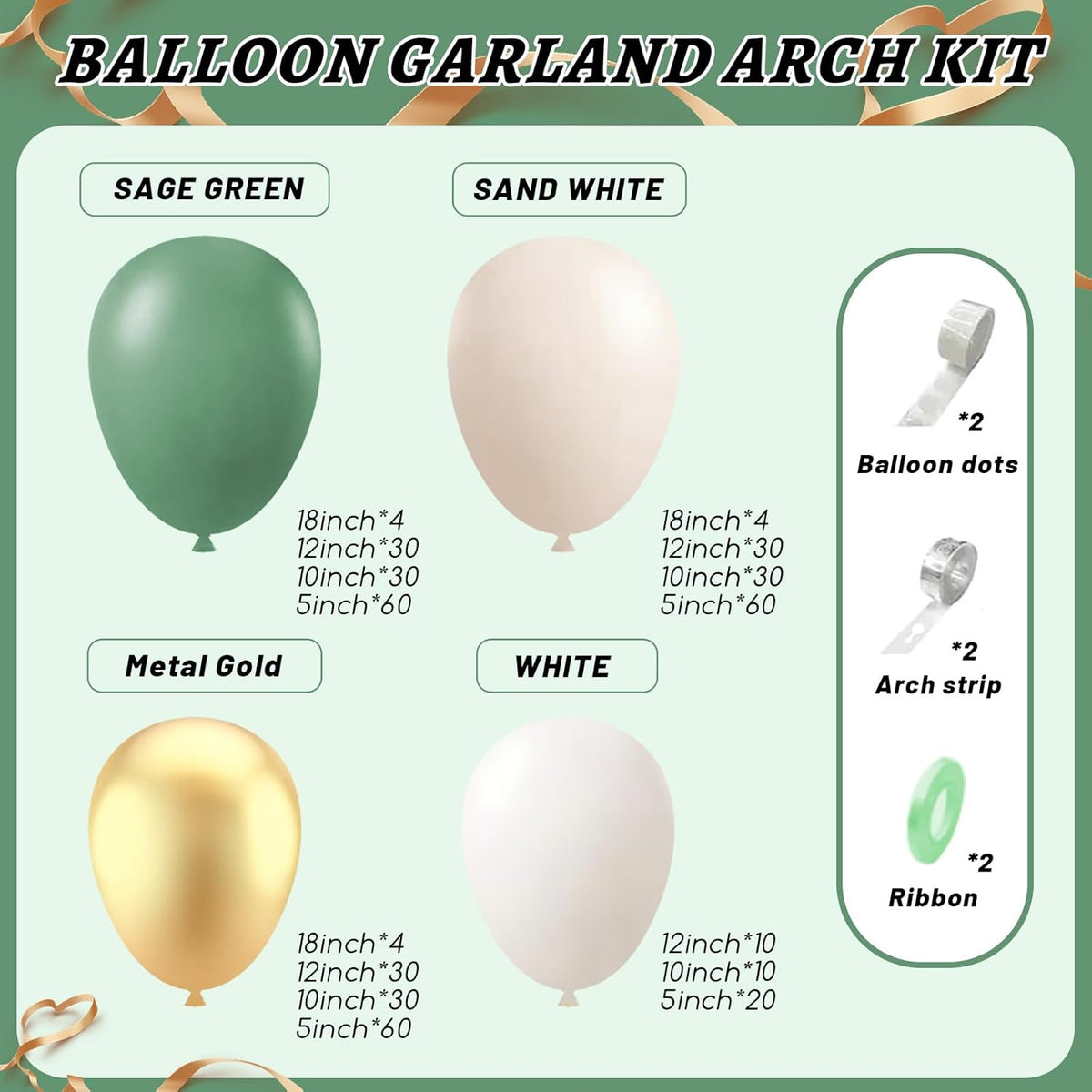 412Pcs Sage Green White Sand Gold Balloons Garland Arch Kit,18 12 10 5 Inch Different Sizes