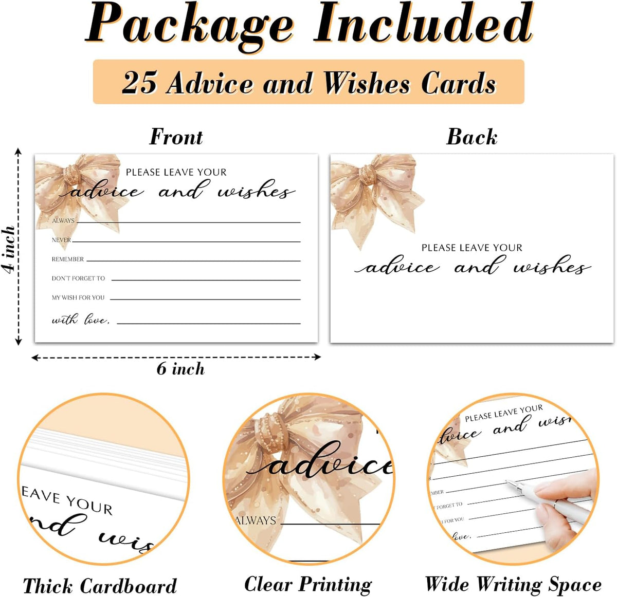 25 Advice and Wishes Cards, Bow Fill-In Advice Cards for Bridal Shower Wedding Birthday Party Baby