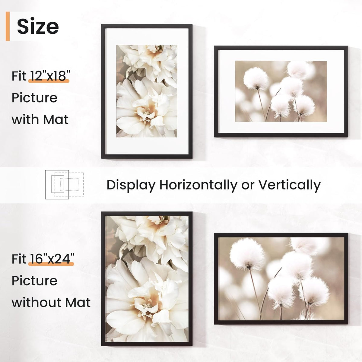 16x24 inch Picture Frame, 16x24 Photo Frames with 12x18 Removable Mat - High Definition Plexiglass
