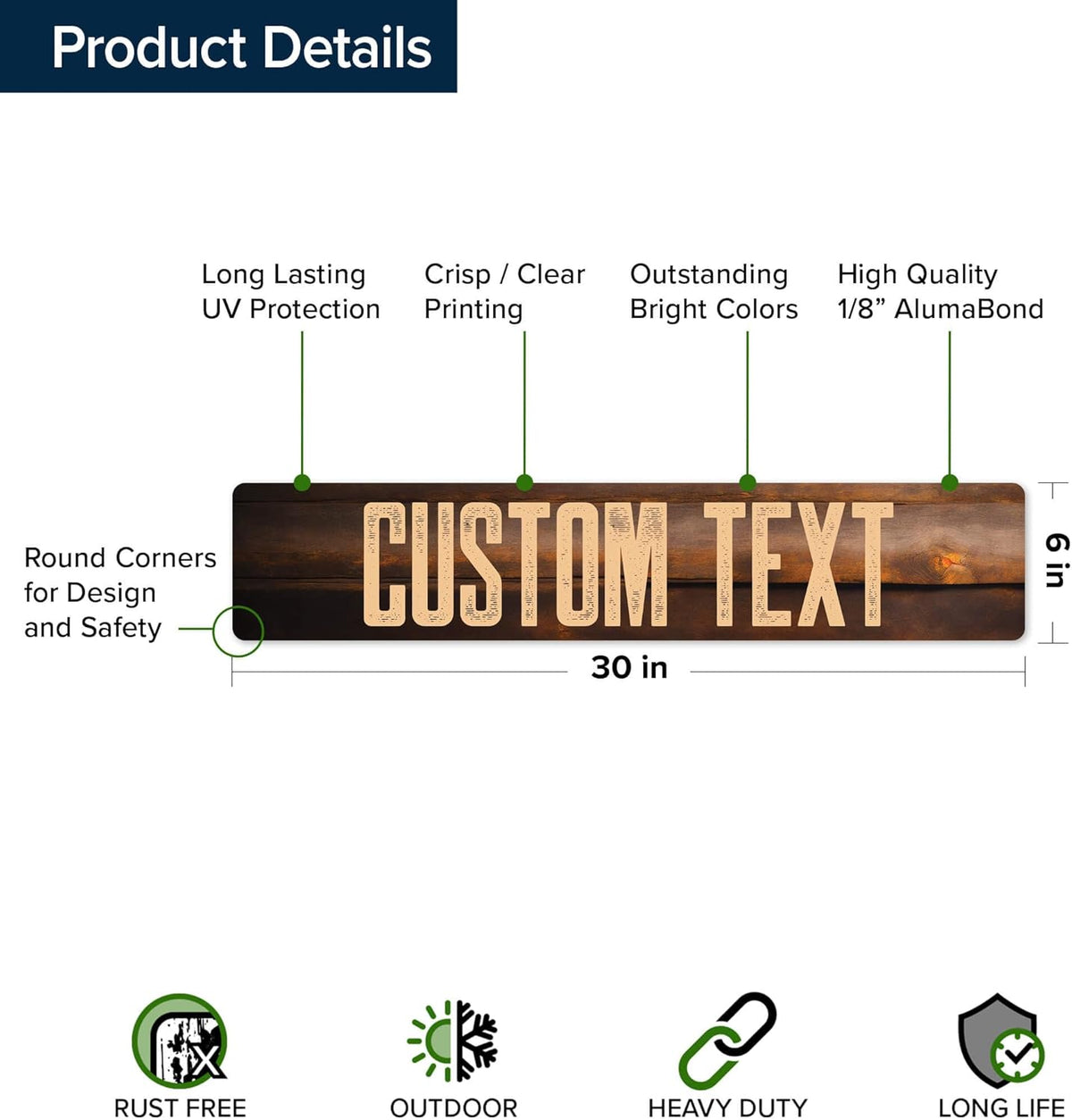 Custom Sign, Custom Street Sign, 11 Font Colors, 13 Font Styles, 4 Hole Options, 22 Sizes, 6x30