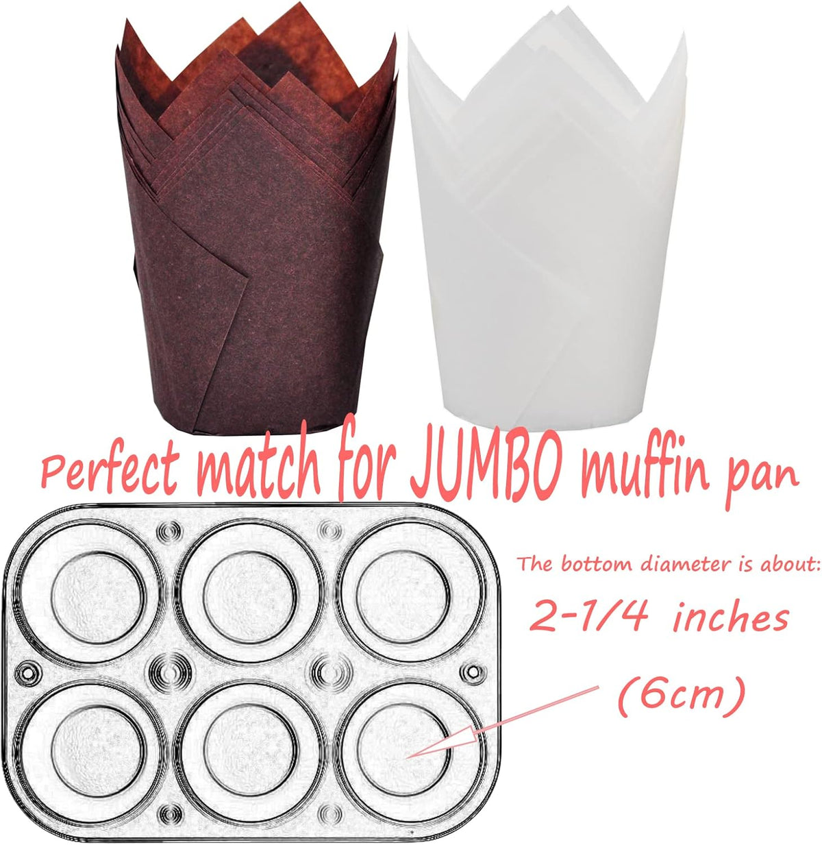 Large size White+Brown Tulip Baking Cups 2-1/4"(Base diameter) x 4"(Wall height) Greaseproof paper