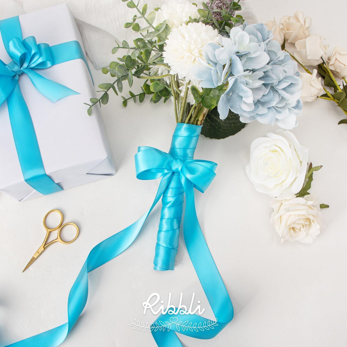 Ribbli Turquoise Blue Double Faced Satin Ribbon,1” x Continuous 25 Yards,Use for Bows Bouquet,Gift