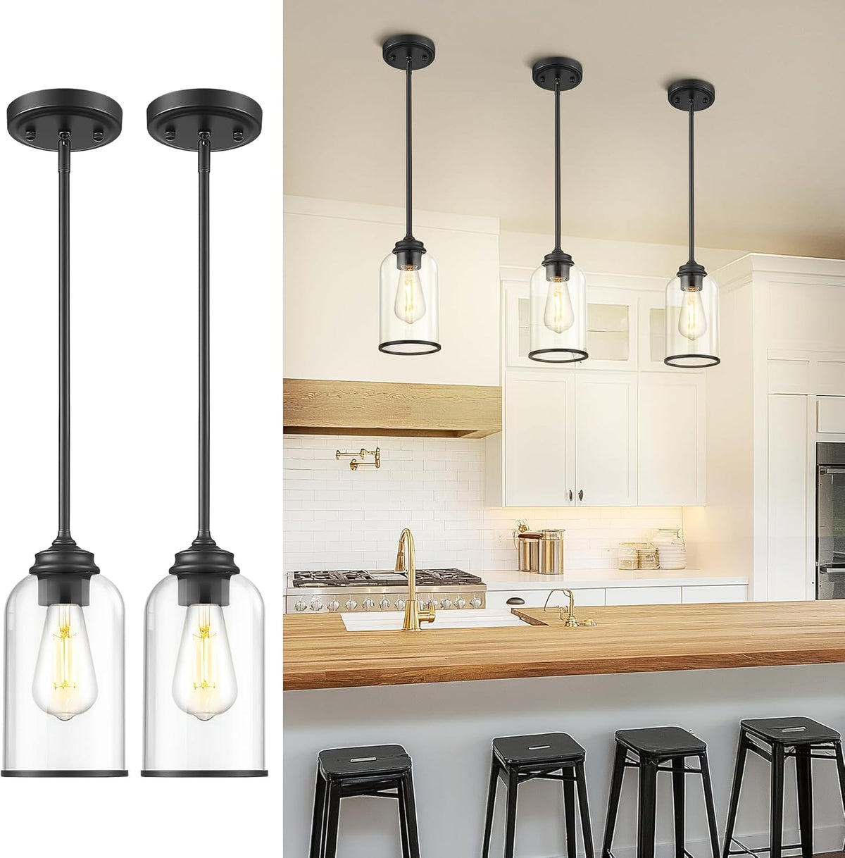LIROUVET 2 Pack Pendant Lights Kitchen Island, Modern Pendant Lights, Black Hanging Lamp with Clear