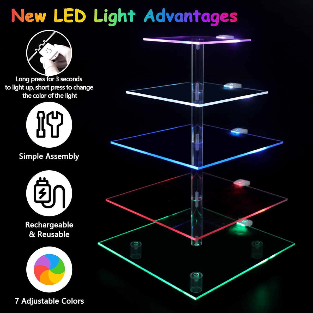 Cupcake Stand with Rechargeable Led, 5 Tier Clear Cupcake Holder, 7 Colors Light Cupcake Tower