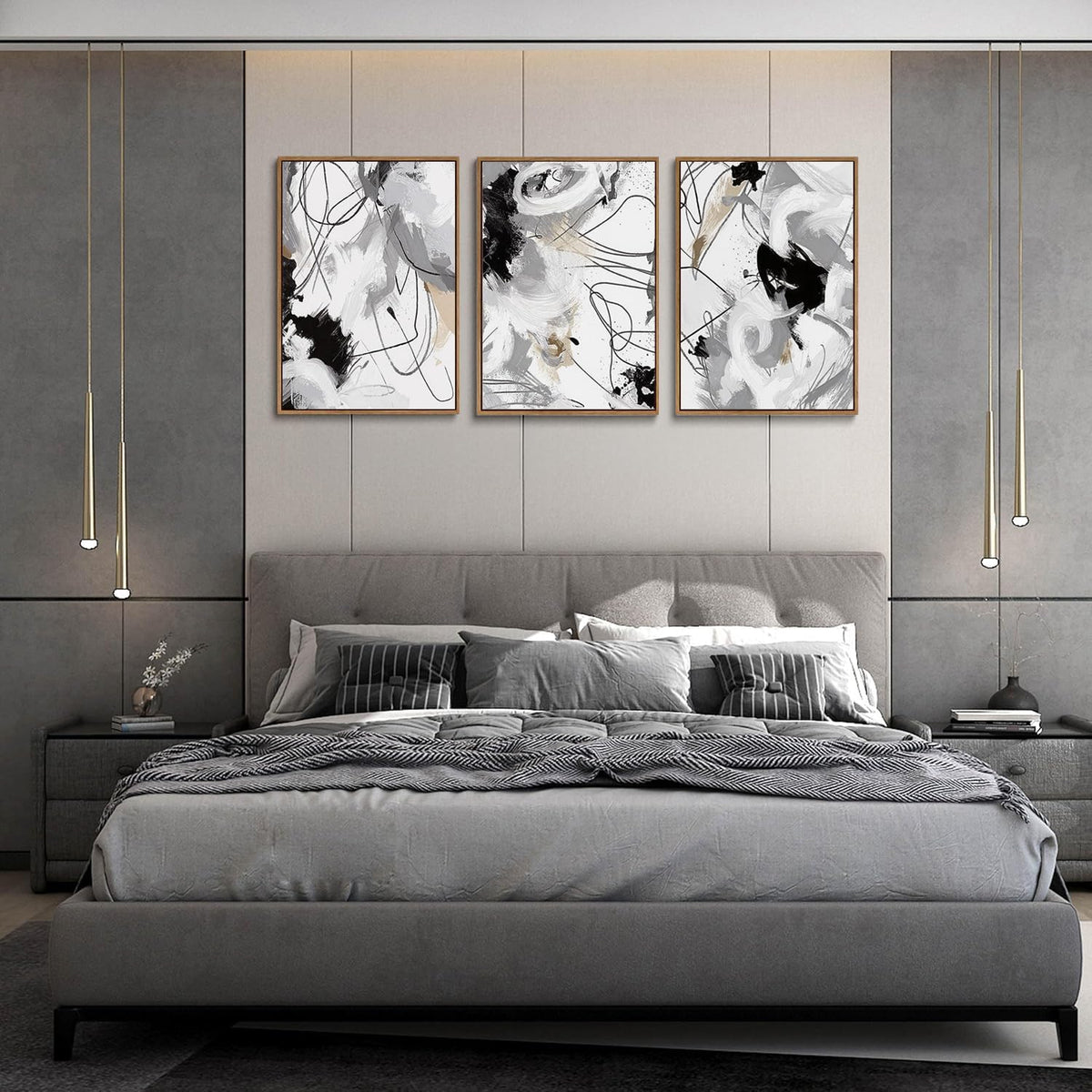 myusuar 3 Piece Large Modern Abstract Canvas Framed Wall Art For Living Room, Black And White Lines