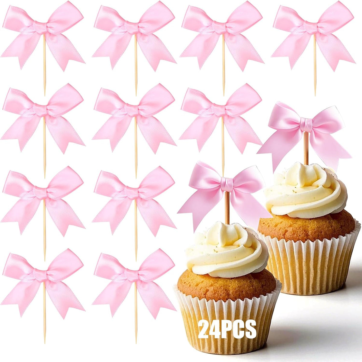 24Pcs Pink Bow Cupcake Toppers - Pink Bow Cake Topper Birthday Decorations, Bowknot Cupcake Picks