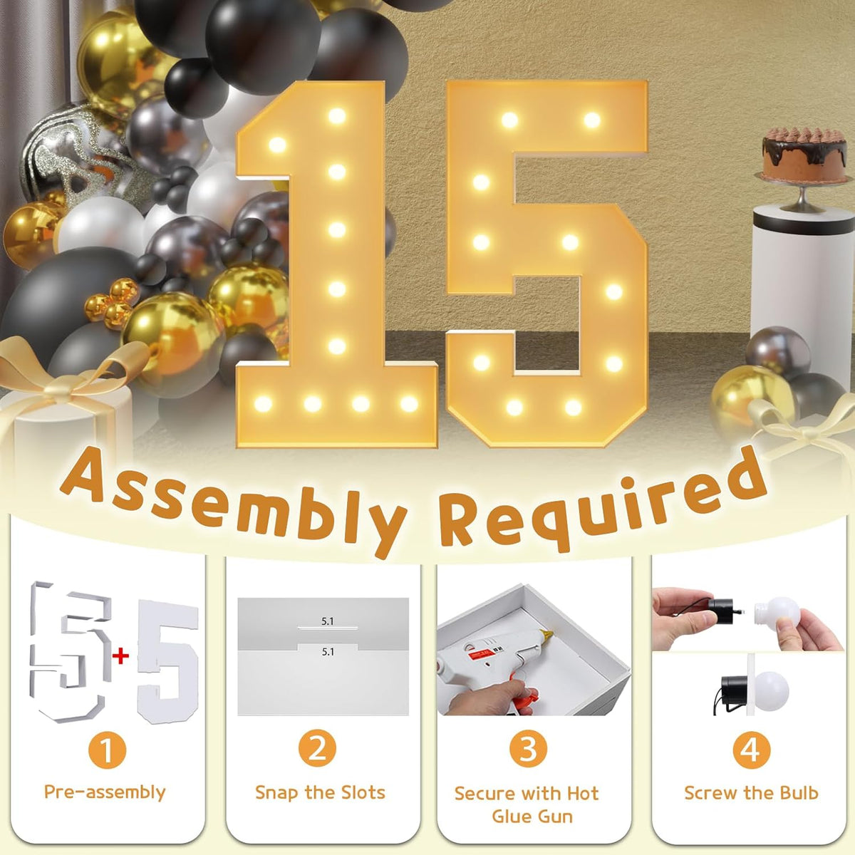 imprsv 4FT Light Up Numbers, Marquee Numbers 15th Birthday Decorations for Girls Boys, Large Light