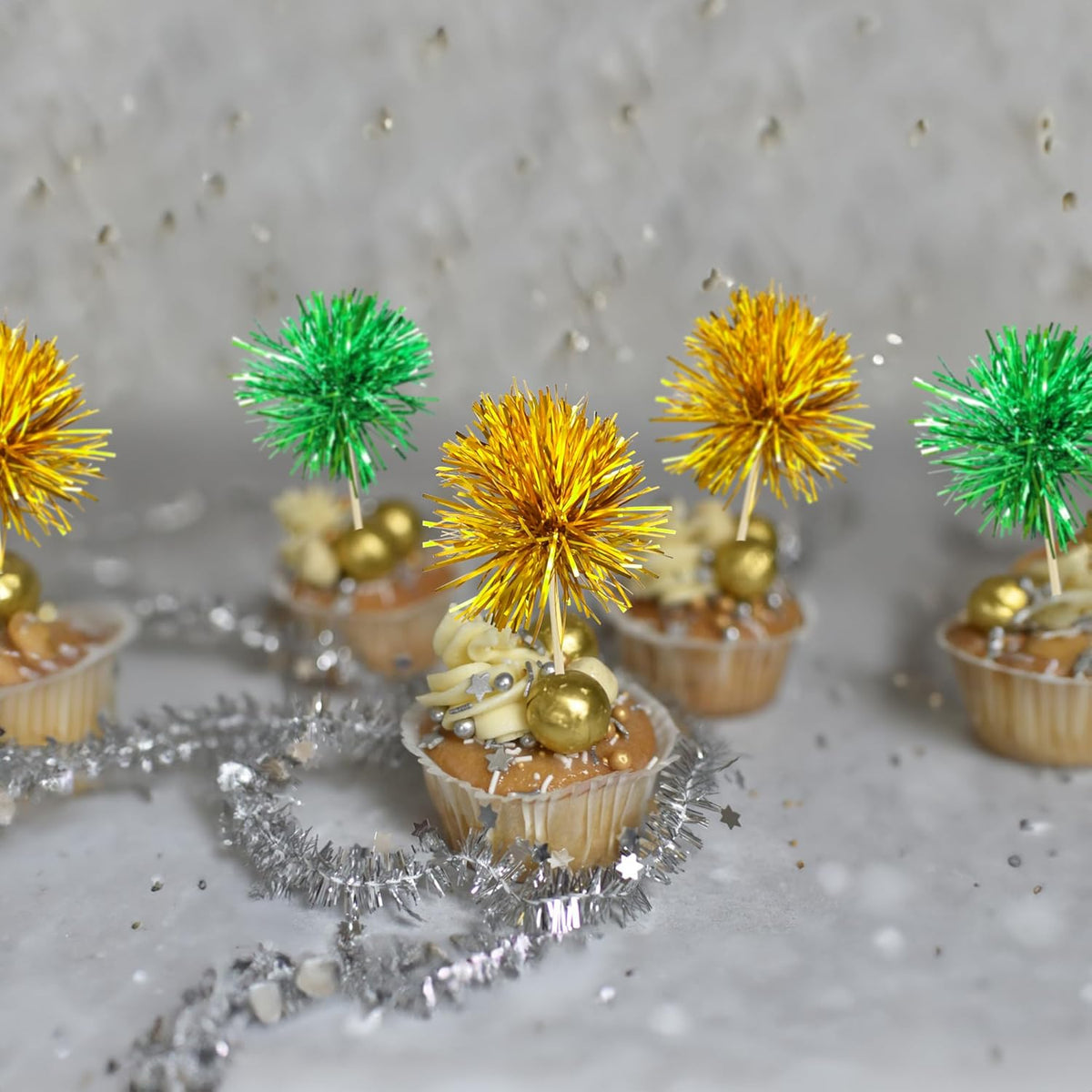 Gyufise 30Pcs Foil Firework Cupcake Toppers Sparkle Tinsel Cake Toppers Tinsel Drink Cake