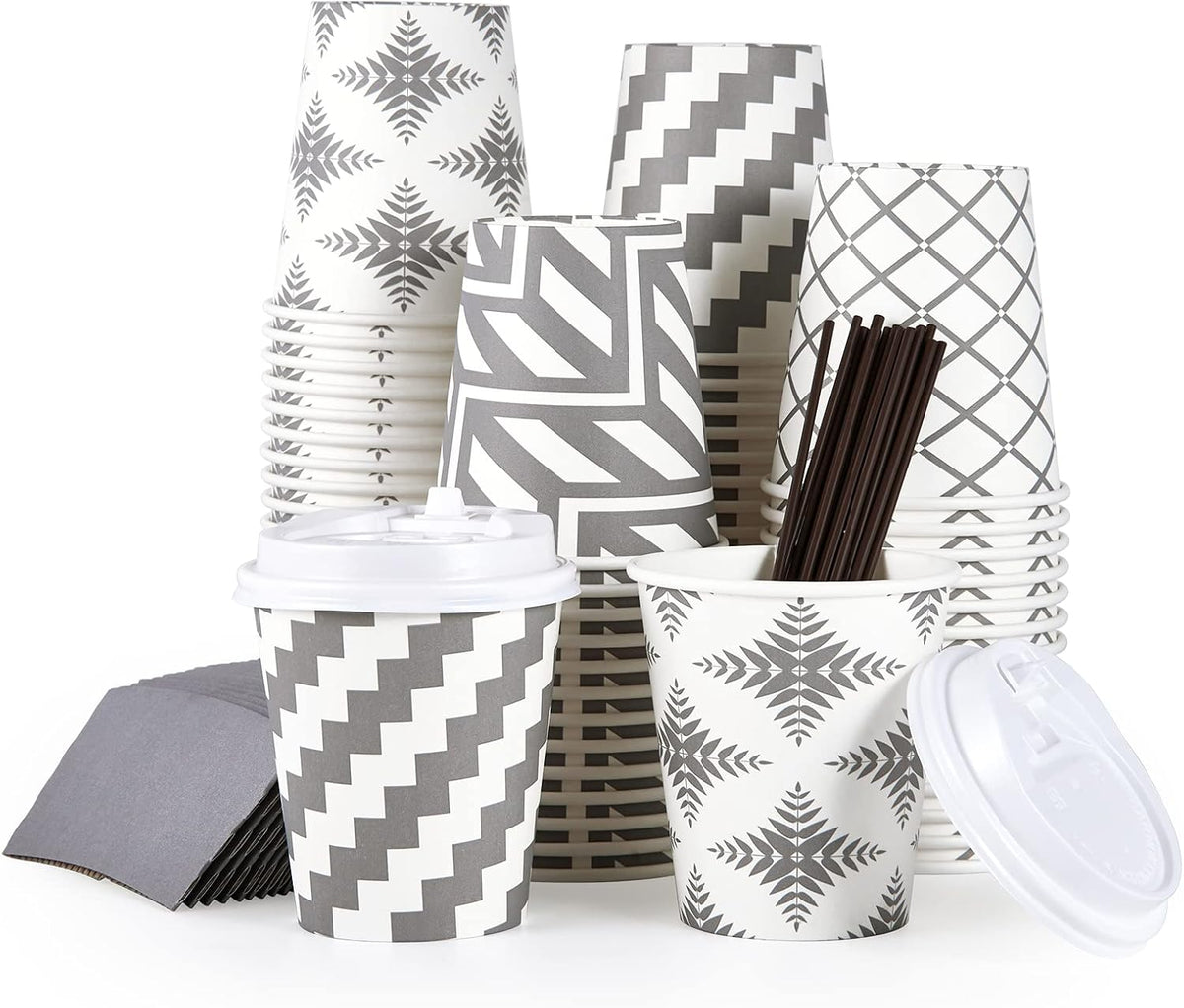 LITOPAK 100 Pack 10 oz Paper Coffee Cups with Lid, Sleeve, and Straws, Four Designs of Disposable