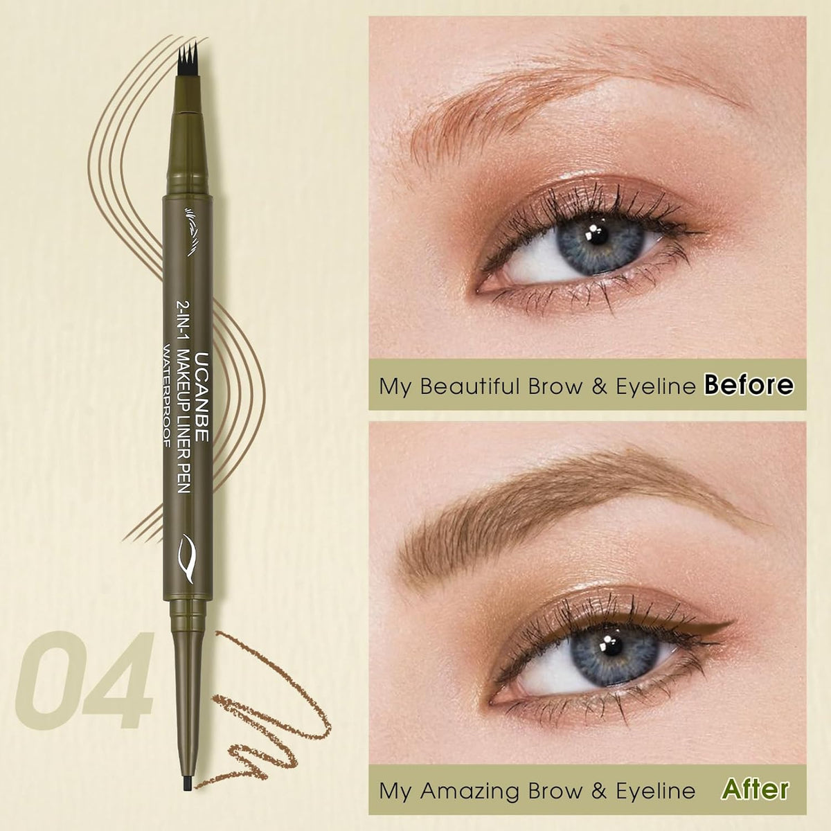 UCANBE Eyebrow Pen, Dual-Ended Eyebrow Pencil with 4-Fork-Tip & Gel Eyeliner for Women, Eye Brow