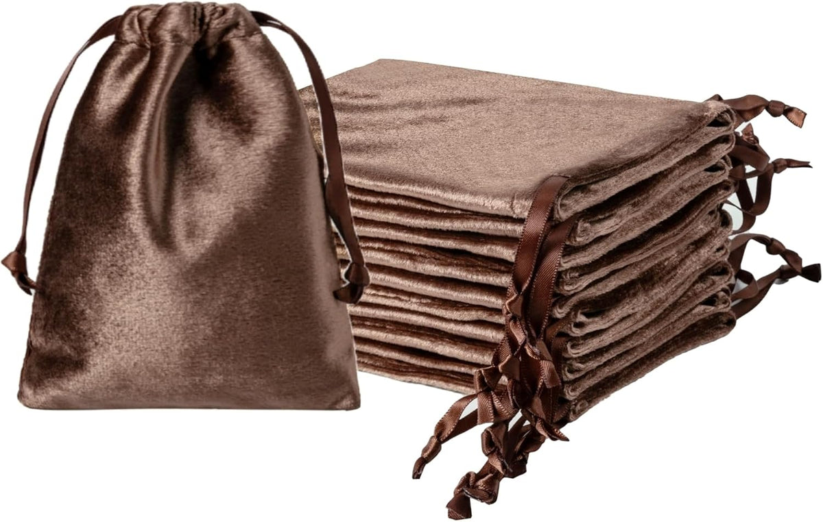QIANF 12pcs Brown Velvet Drawstring Bags 3x4 inches Glossy Small Velvet Cloth Gift Bags Jewelry