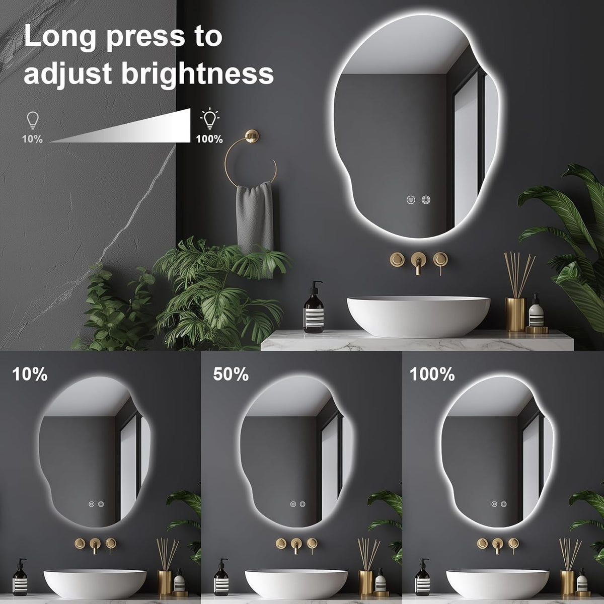 Irregular LED Bathroom Mirror with Lights,Asymmetrical Led Bathroom Vanity Mirror for Wall with