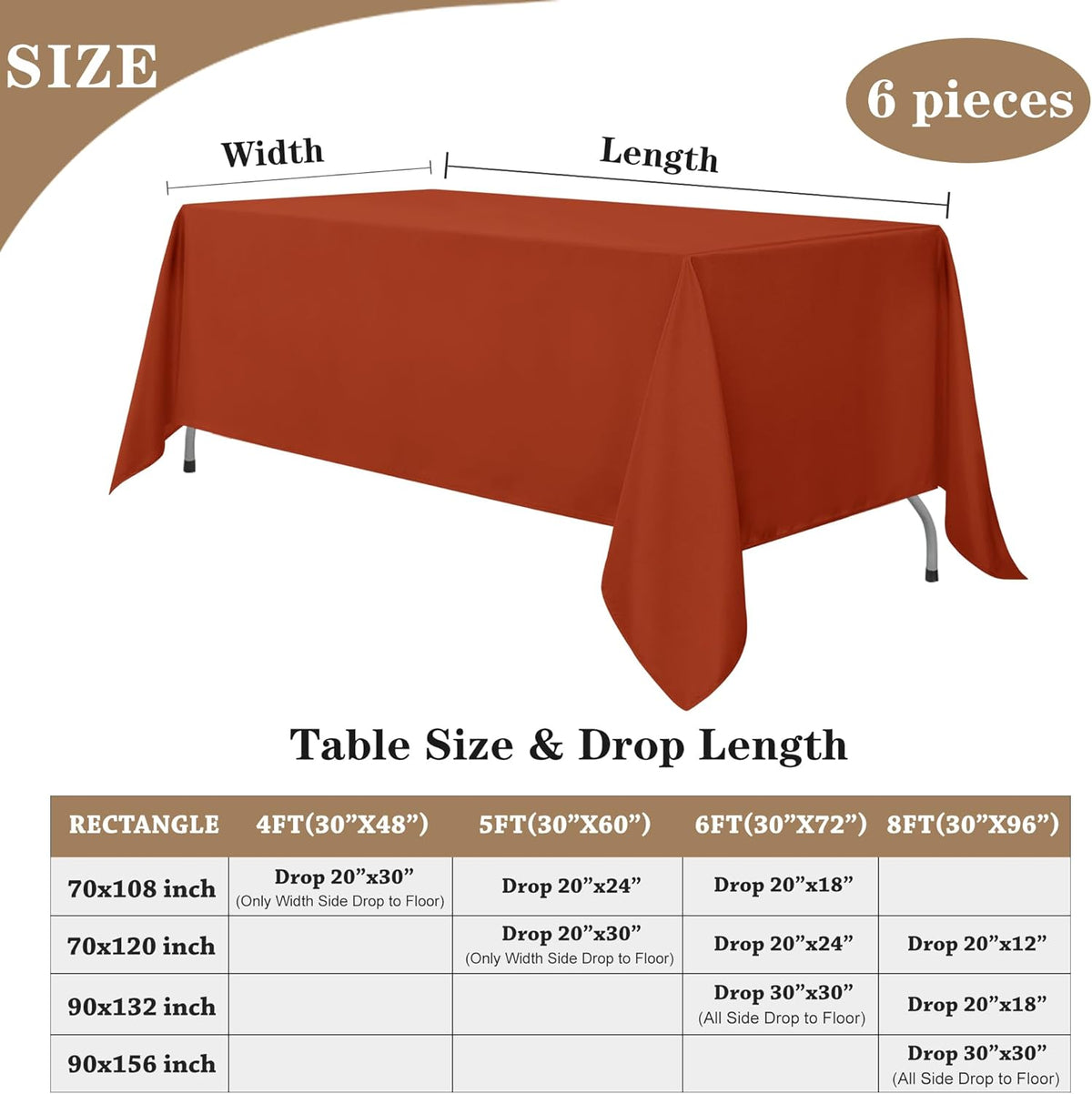 Fitable Rust Table Clothes for Rectangle Tables, 6 Pack - 90 x 156 Inch - Reusable and Elegant Fall