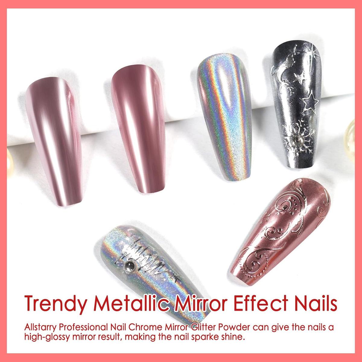 Allstarry Chrome Nail Powder, Metallic Mirror Effect Pigment Chrome Holographic Nail Glitter Magic