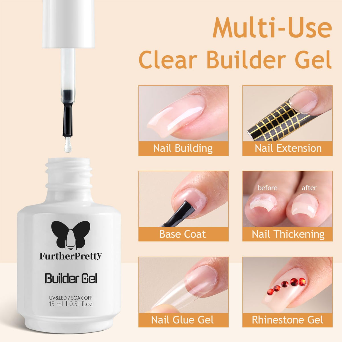 Builder Gel Nail Kit, 3PCS Set 15ml No Wipe Top Coat, Base Coat, and Nail Glue Gel for Nail