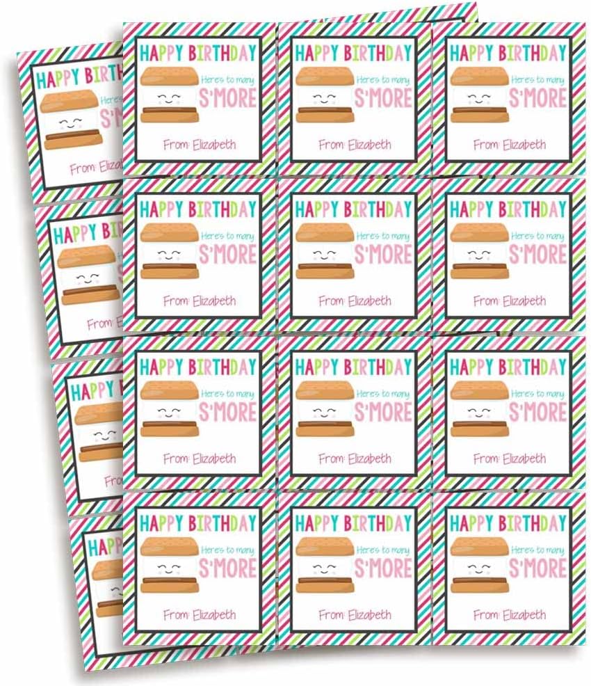 Custom & Personalized Many S'More Happy Birthday Gift Tag Sticker Labels, 24 2.5" Square Stickers