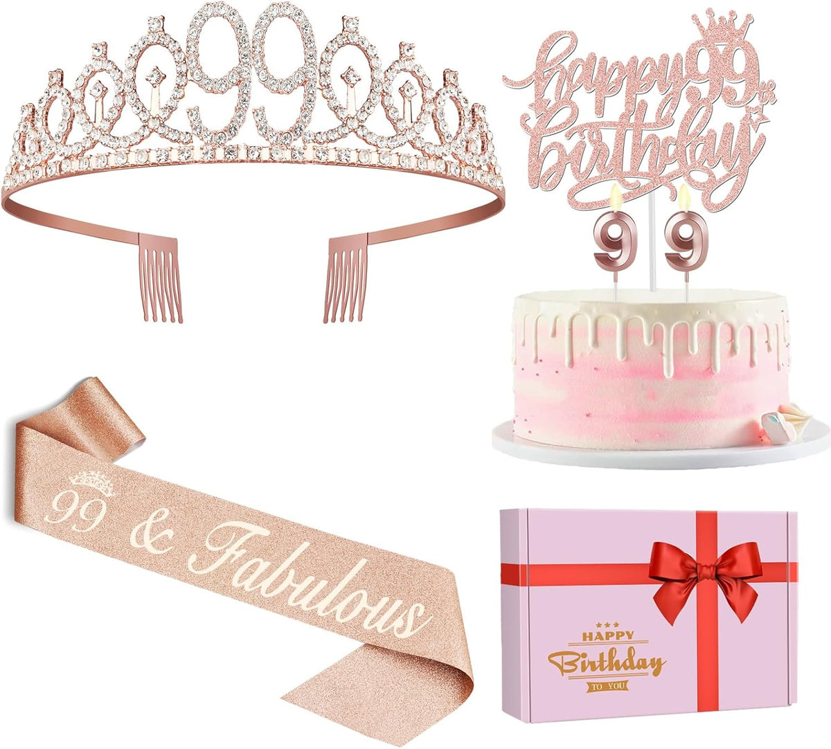 99th Birthday Decorations for Women Including Birthday Sash and Tiara, Candles and Cake Topper
