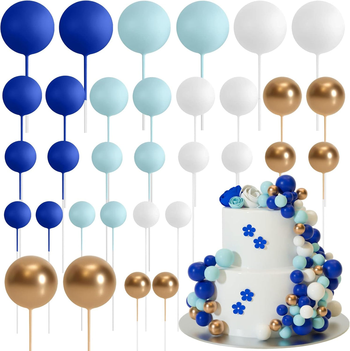 ASTARON Ball Cake Topper, 32 Pcs Foam & Wire Decorations, Mini Balloons Cake Topper Sticks, 4