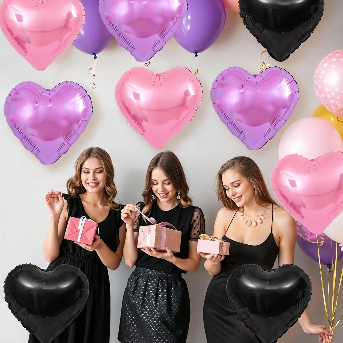 Pink Purple Heart Balloons,12Pcs Black Pink Heart Shaped Foil Balloons,18Inch Purple Pink Helium