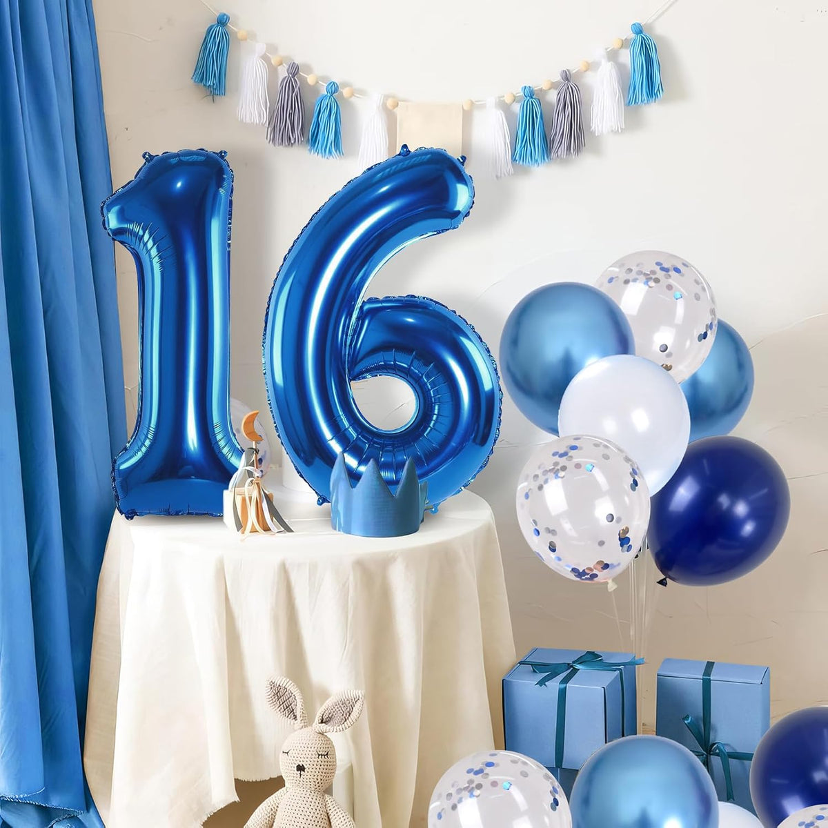 16 Balloon Number Blue, Big Number 16 Balloon Pastel Navy Dark Blue with Metallic Silver Confetti