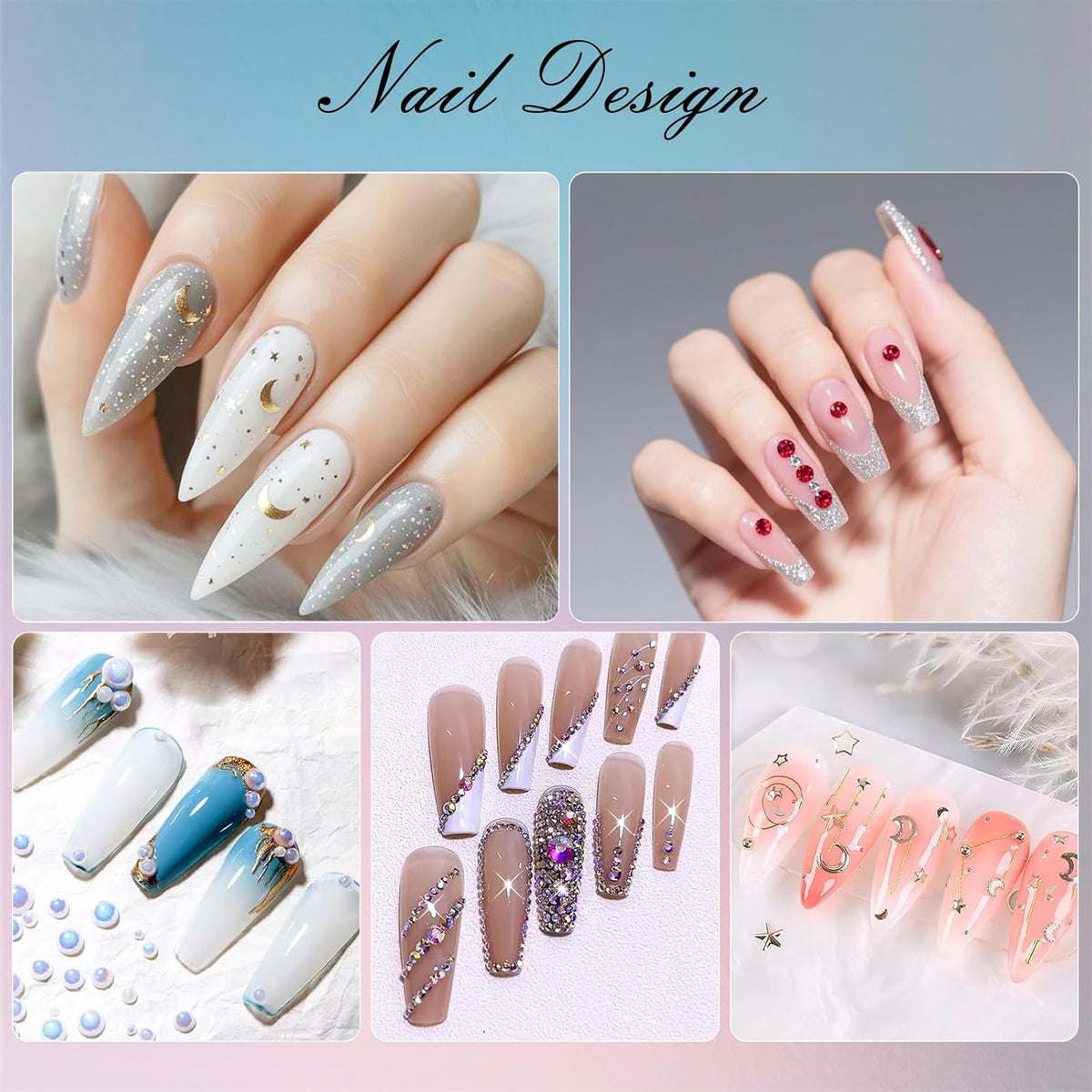 Artdone Nail Art Studs Kit, 6 boxes Multicolor And Design 3D Charms With 15 Sheets Gold Nail
