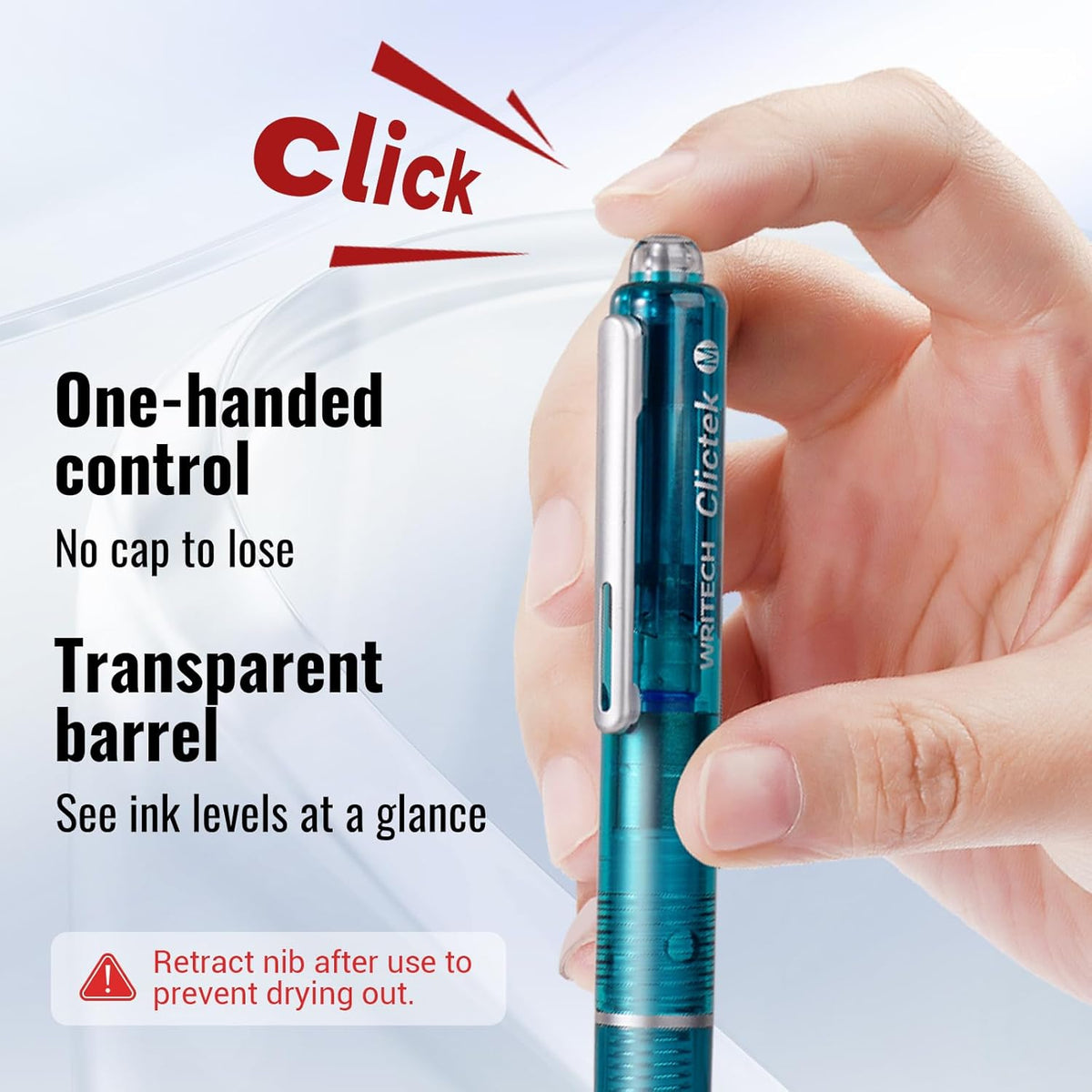 WRITECH Clictek Fountain Pen Set: Retractable Style Blue Ink Medium Nib Transparent Barrel