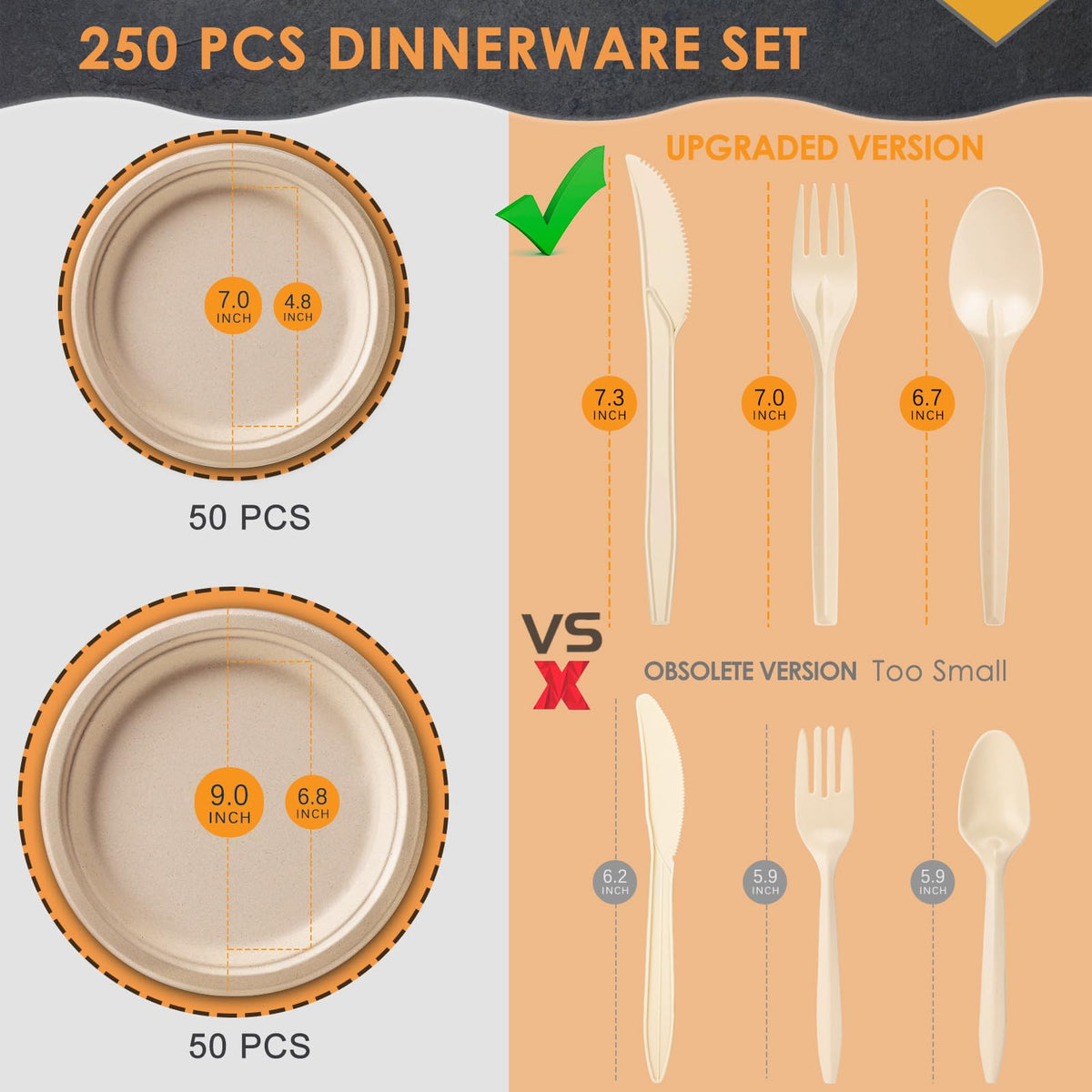 Gezond 250Pcs Disposable Paper Plates Set, Compostable Plate Sugarcane Utensils Eco Friendly