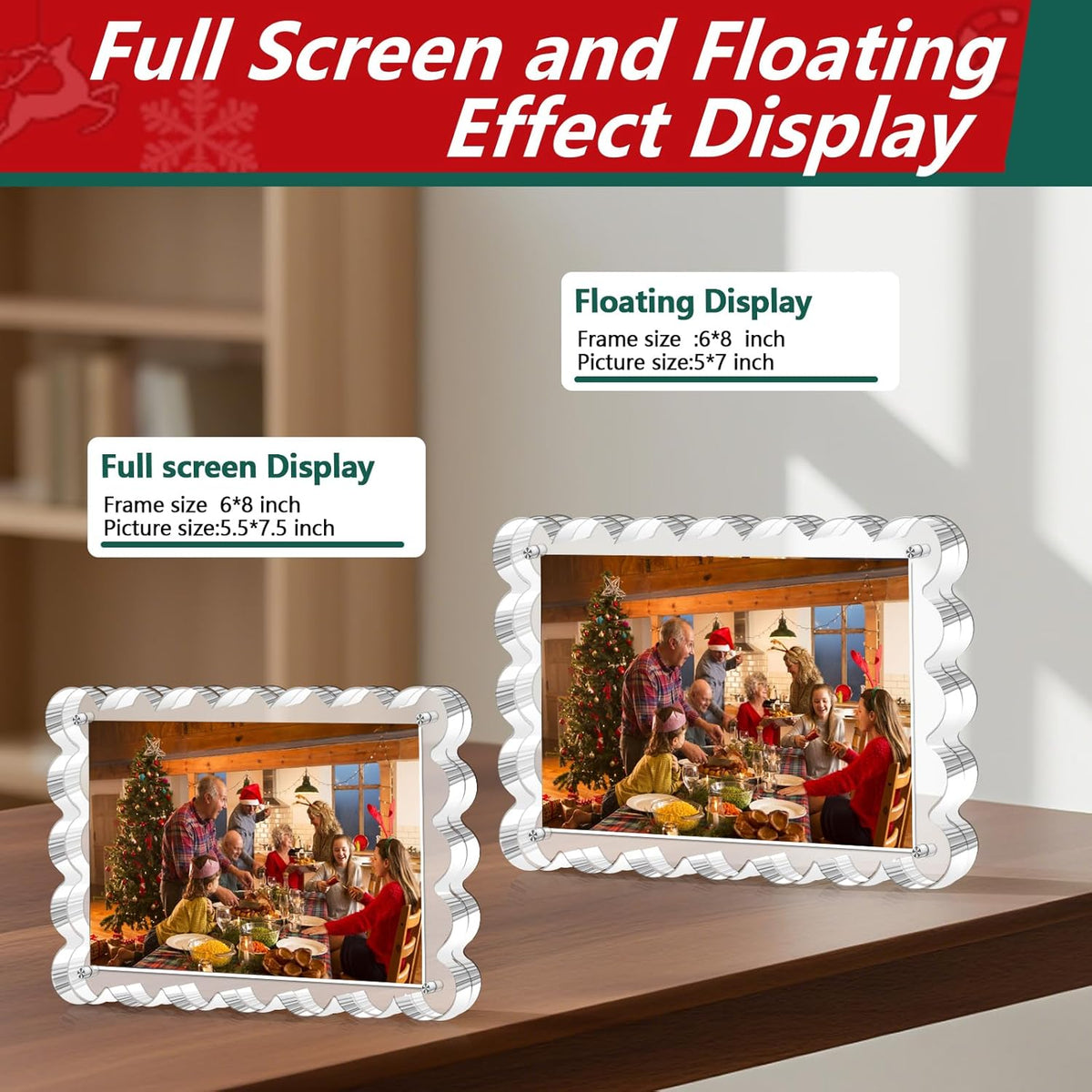 3 Pack Magnetic Acrylic Picture Frames 5x7 Inch - Freestanding Scalloped Magnet Photo Frame with