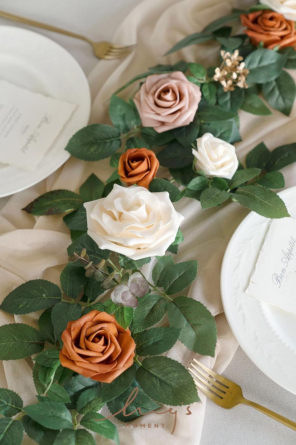 Ling's moment 5FT Artificial Flower Garland Rust Rose Leaves Floral Garland Ivory Arch Flowers Vine