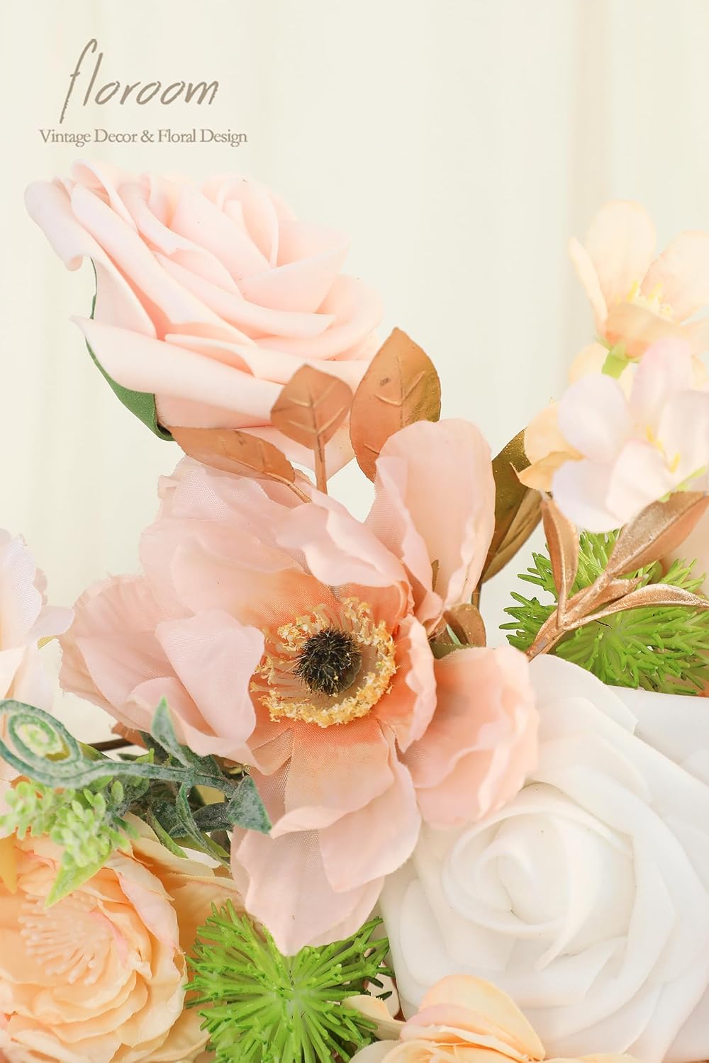 Floroom Blush Peach Pink Artificial Flowers Cream Fake Roses Peonies and Greenery Combo Box Set for