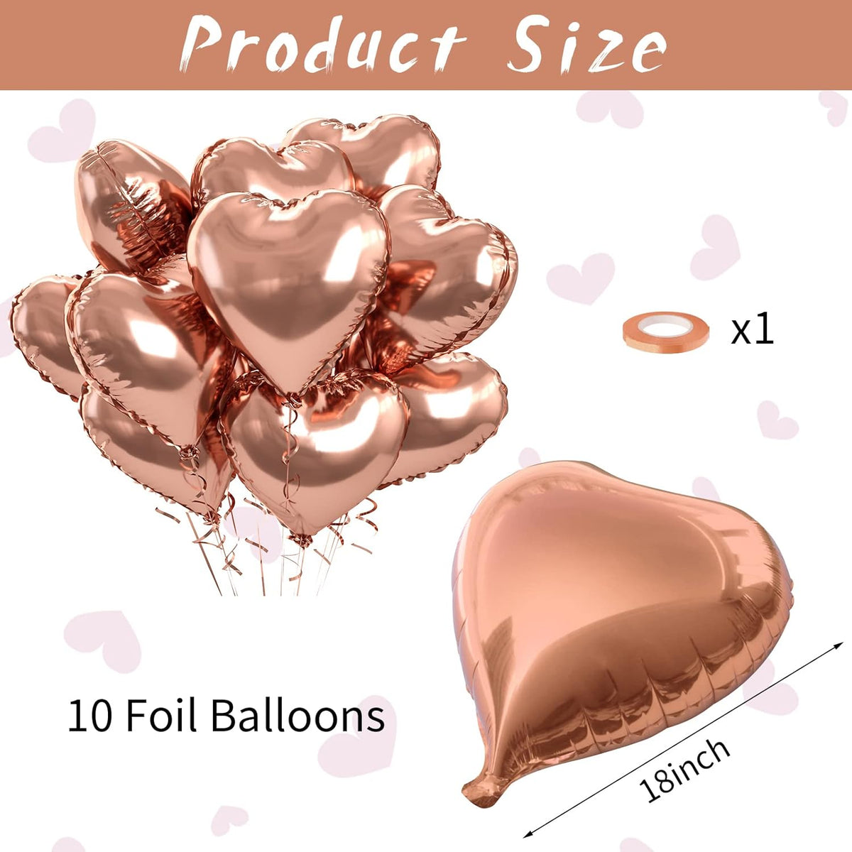 Rose Gold Foil Heart Balloons, 10PCS Rose Gold Heart Shape Balloons, Valentines Balloons 18inch