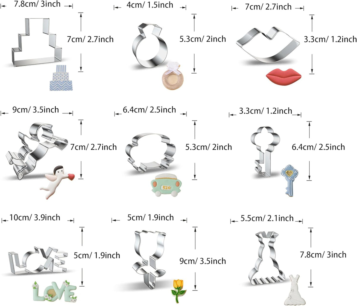 Wedding Cookie Cutters 9-Pc Set - Wedding Cake Diamond Ring Lips Cupid Wedding Car Key Love Rose