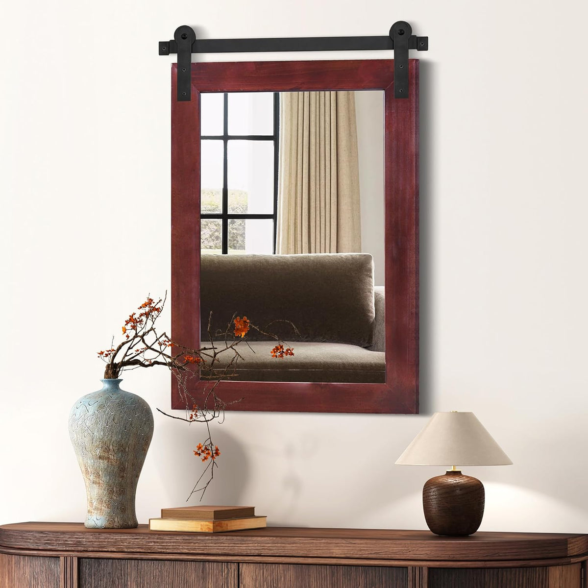 COGOOD Farmhouse Barn Door Mirror - 21 x 30 Rustic Wood Framed Wall Mirror for Bathroom, Living