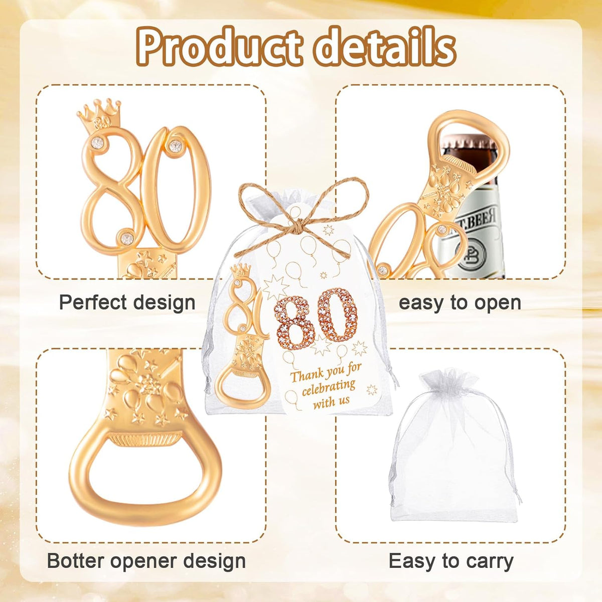 50Pcs 80th Birthday Bottle Opener Set 80th Birthday Party Favors 80th Golden Bottle Openers