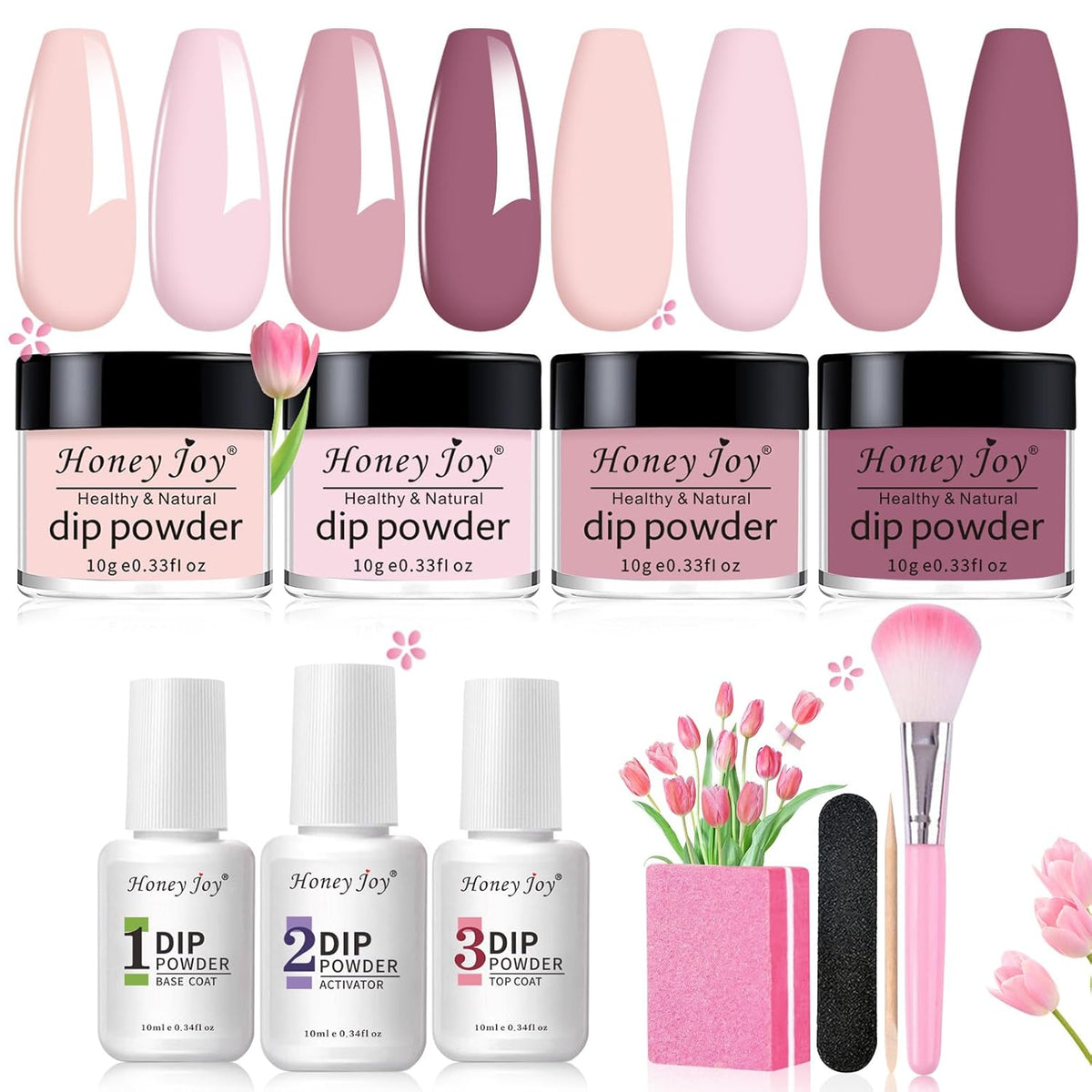 Honey Joy Dip Powder Nail Kit Starter, 4 Colors Light Pink Nude Skin Tone Dipping Powder Liquid Set