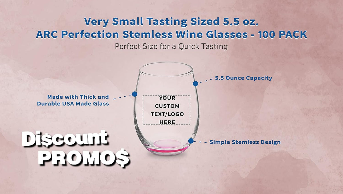 Custom Stemless Wine Glasses by ARC 5.5 oz. Set of 100, Personalized Bulk Pack - Perfect for Hotel