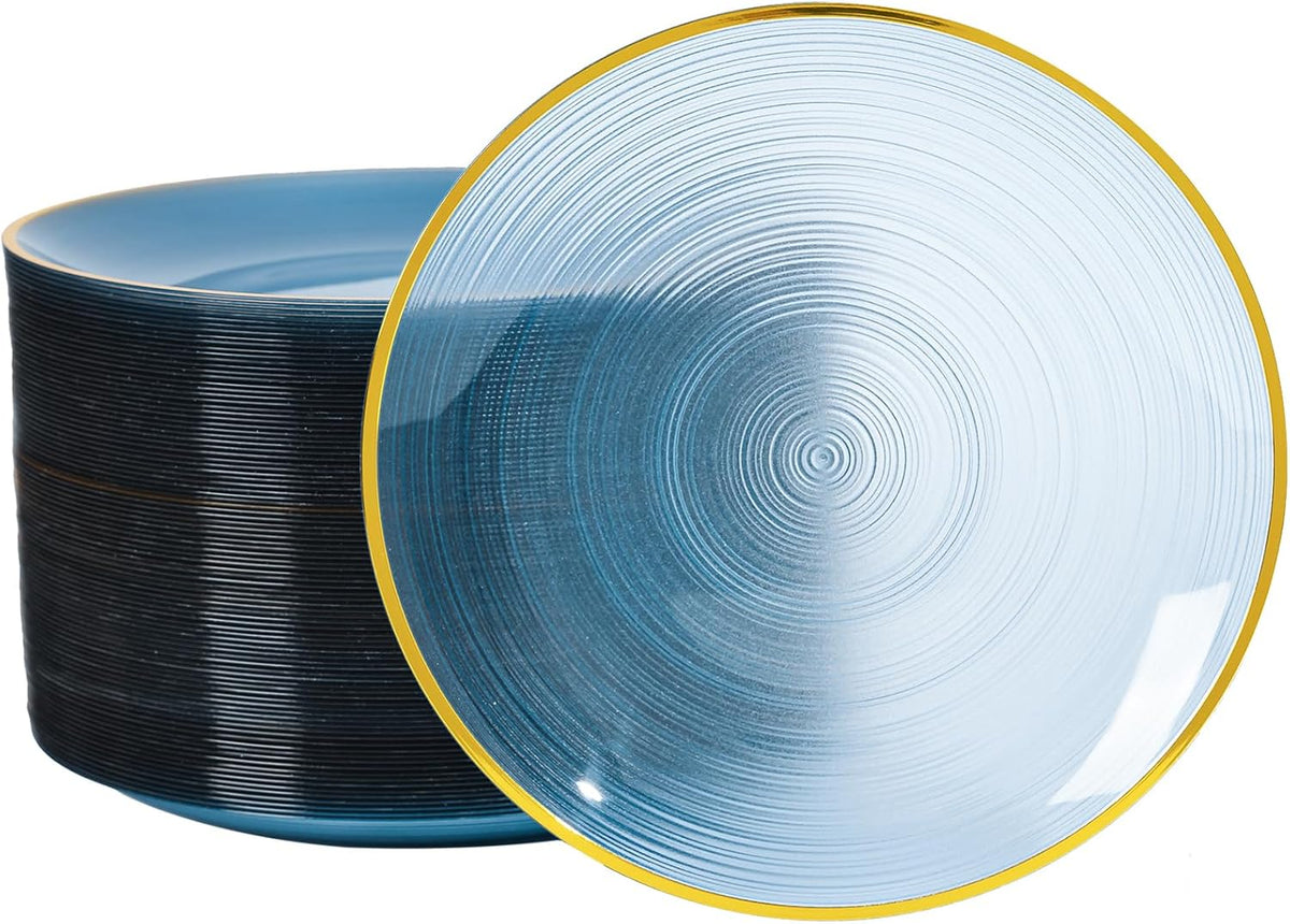 100PCS Transparent Blue Gold Plastic Plates, 7 Inch Heavy Duty Disposable Dessert Plate with Gold