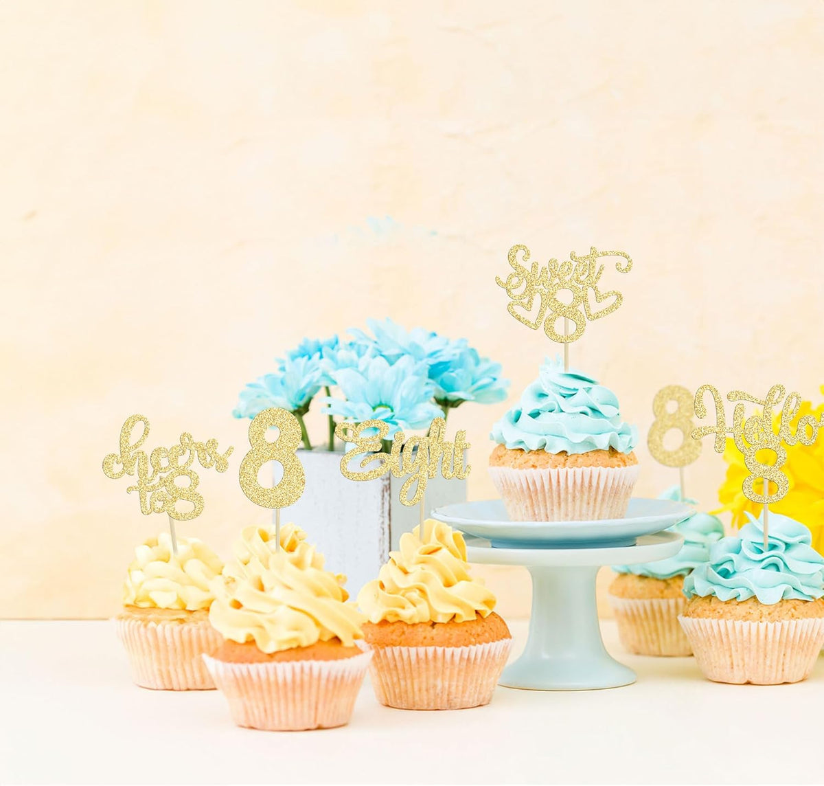 30Pcs 8th Birthday Cupcake Toppers Glitter Eight Hello 8 Cupcake Picks Cheers to 8 Years Old Cake
