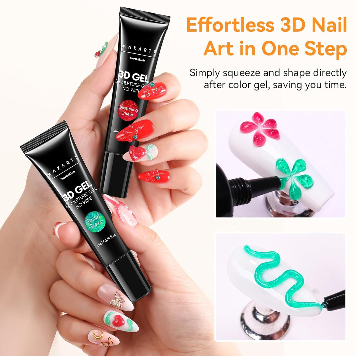 Makartt 3D Sculpting Gel for Nail Art Kit: 3D Nail Gel for Nail Art, 15ml No Wipe Polish for