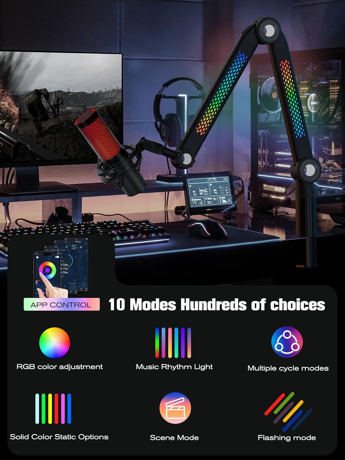 SUNMON RGB Mic Arm ??Adjustable Boom Arm with Rhythm RGB Lighting for Blue Yeti, HyperX QuadCast
