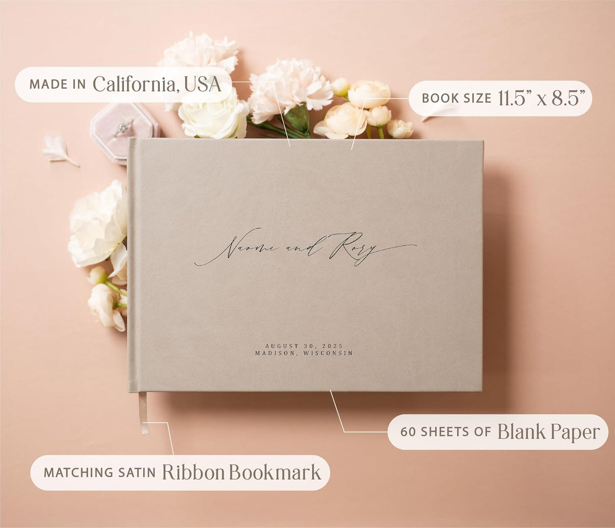 MUUJEE Personalized Guestbook in Taupe - Premium Custom Modern Guest Book for Wedding Reception