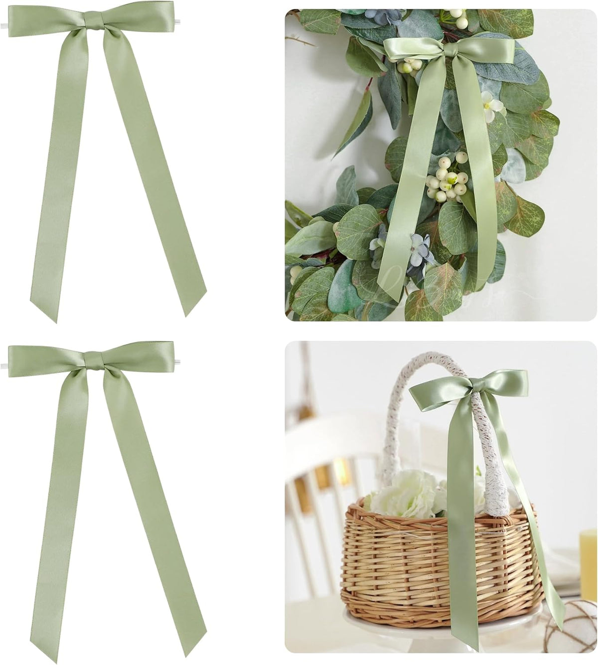 50 PCs Sage Green Bow Decor 5.5'' Satin Bows with Long Tail, Twist Tie Bows for Craft, Packaging