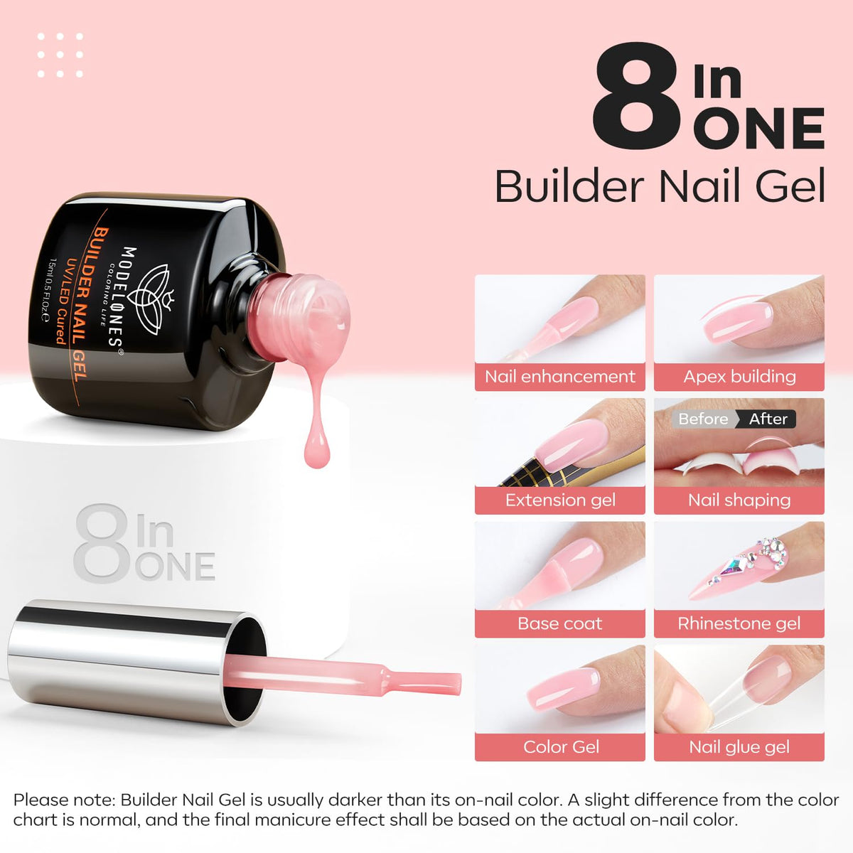 modelones Builder Nail Gel, 8-in-One Neutral Nude Pink Builder for Nail Thickening Apex Building