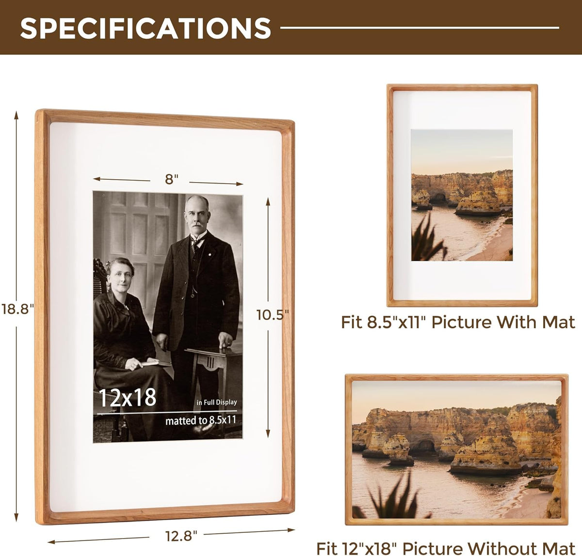 12x18 Picture Frame USA-Sourced Natural Cherry Wood Solid Original Wood Photo Frame Rounded Corner